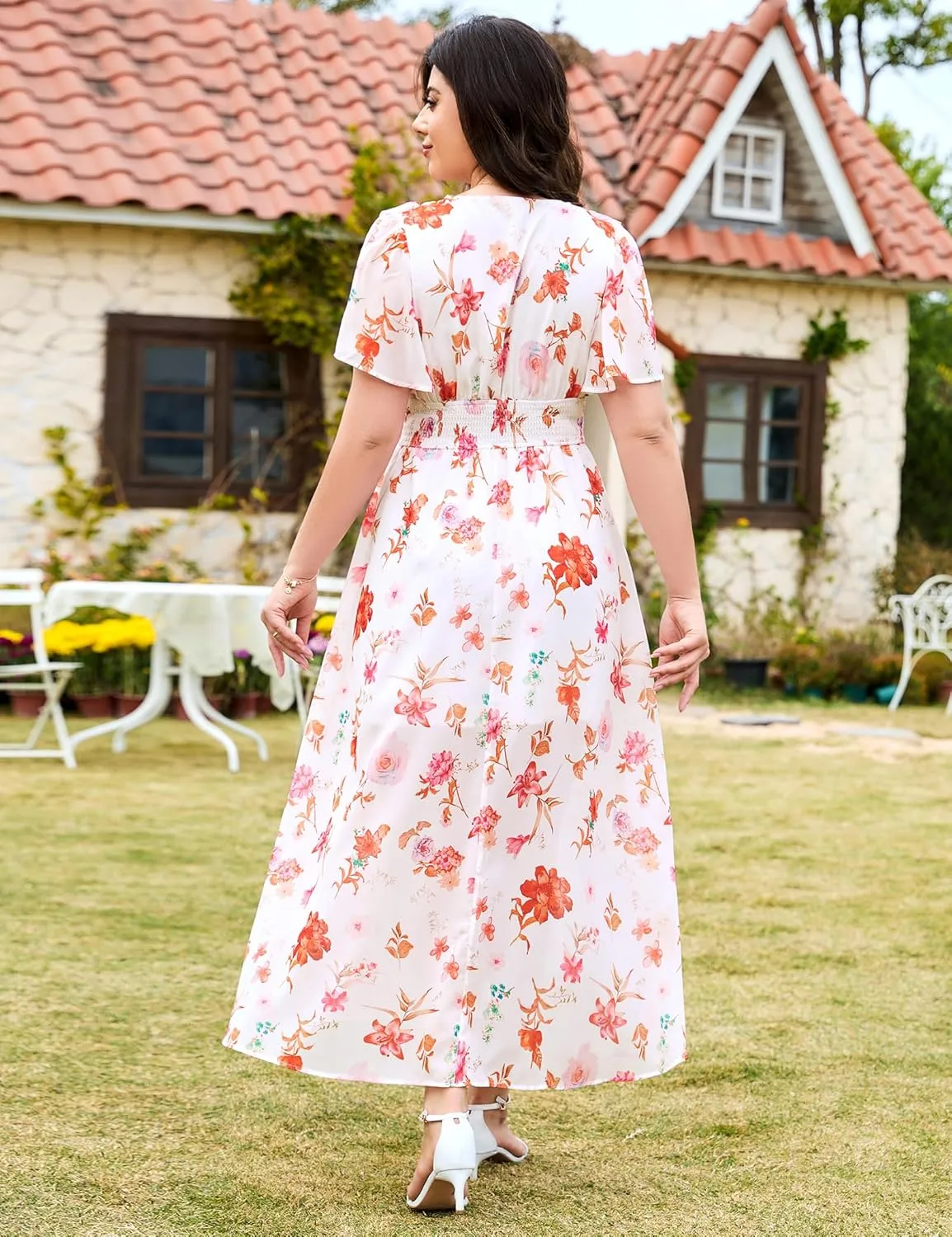 Dresses for Women 2025 Elegant Classy Wedding Guest Cocktail Formal Gown Short Flutter Sleeve Floral Maxi Dress