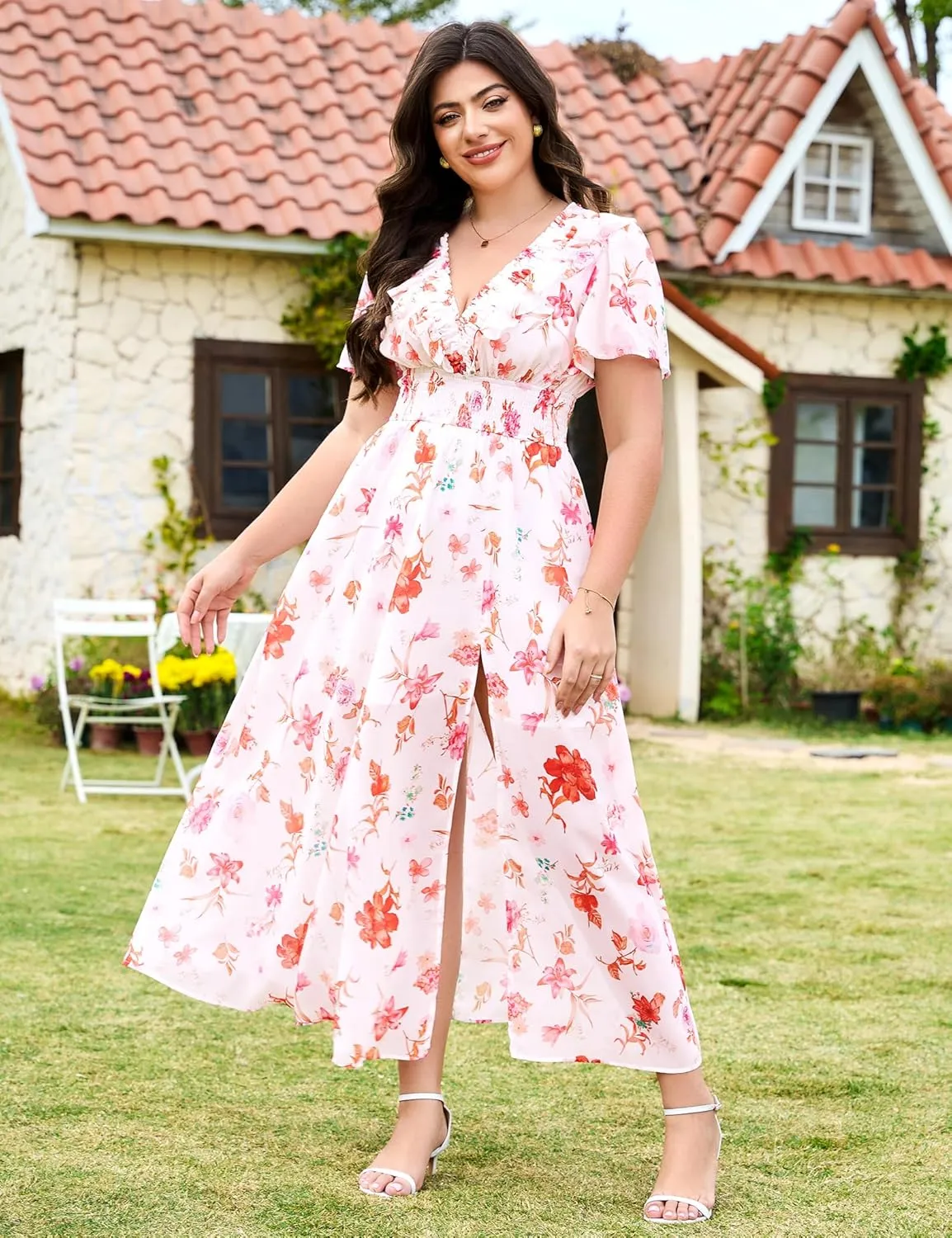 Dresses for Women 2025 Elegant Classy Wedding Guest Cocktail Formal Gown Short Flutter Sleeve Floral Maxi Dress