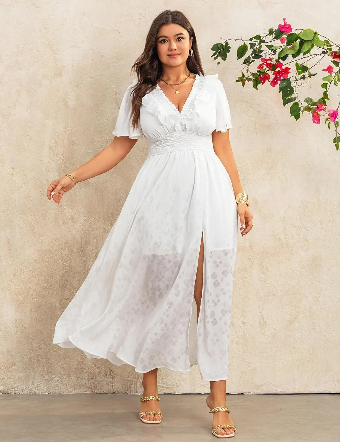 Dresses for Women 2025 Elegant Classy Wedding Guest Cocktail Formal Gown Short Flutter Sleeve Floral Maxi Dress