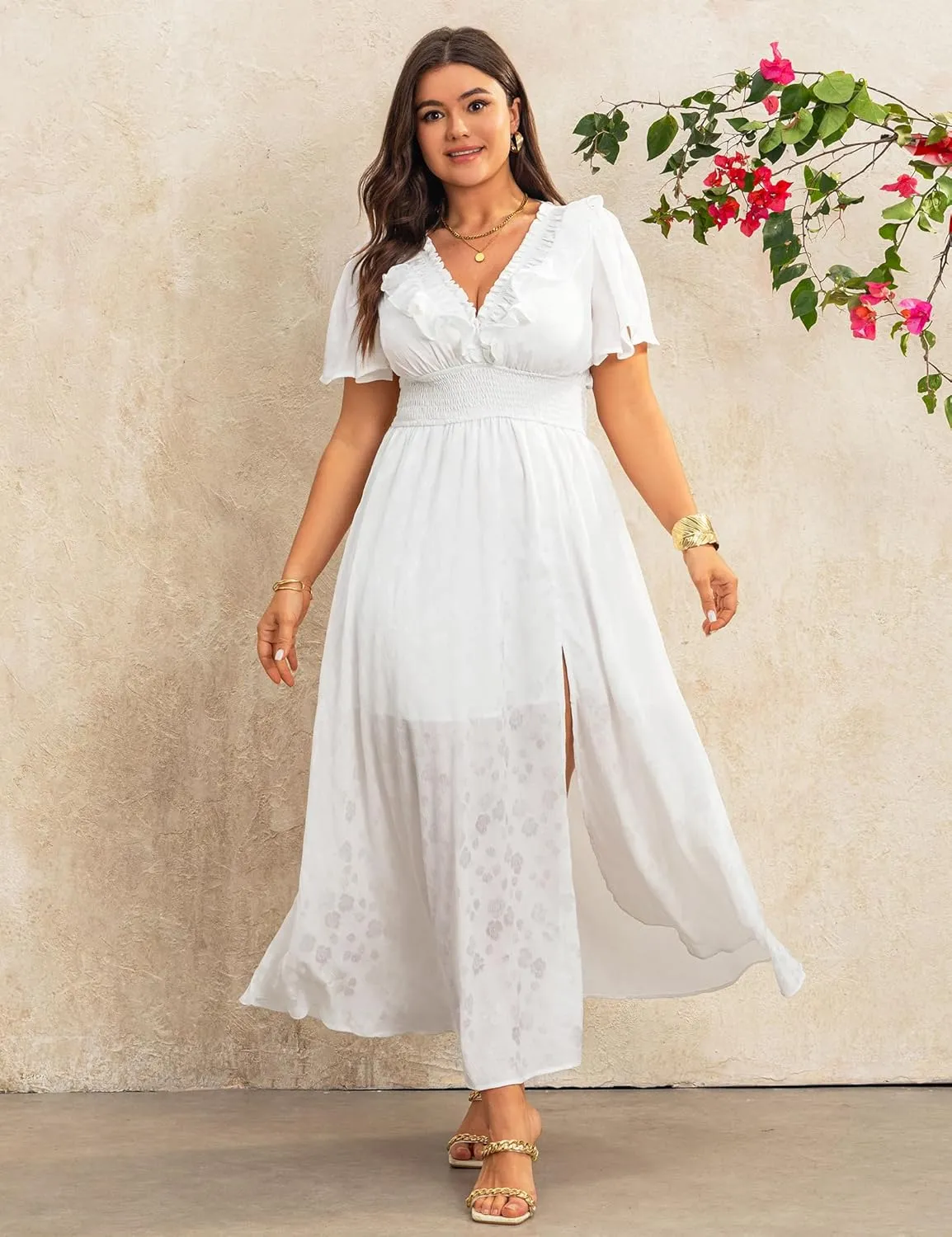 Dresses for Women 2025 Elegant Classy Wedding Guest Cocktail Formal Gown Short Flutter Sleeve Floral Maxi Dress