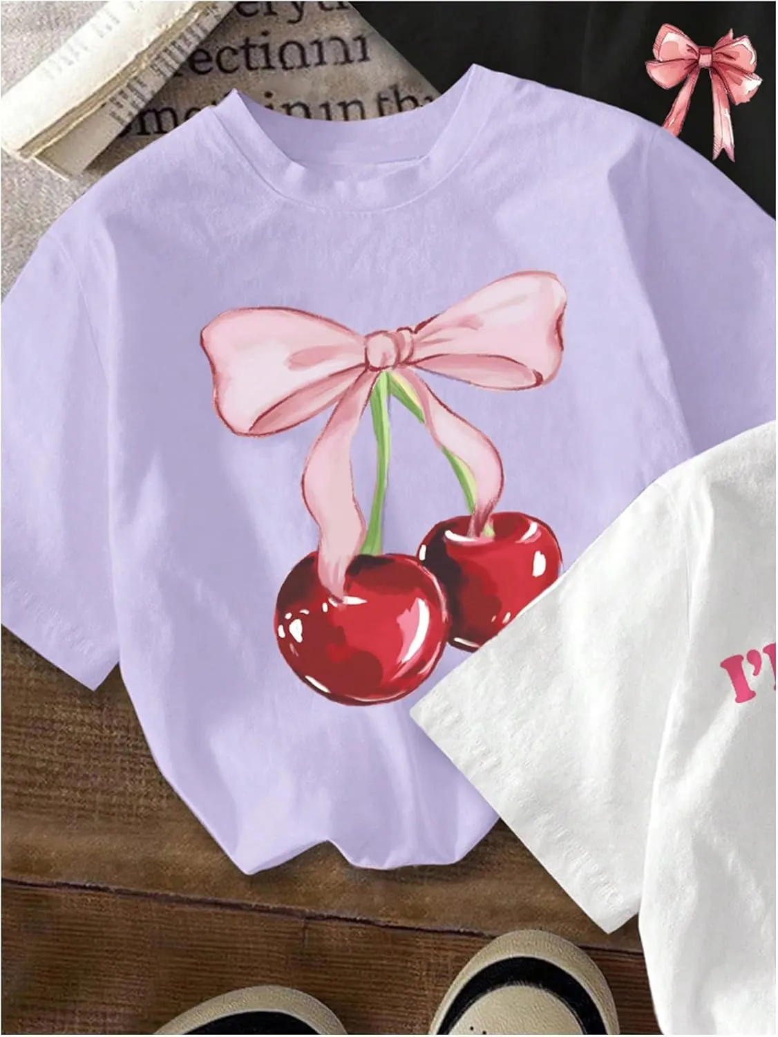 Girl's Bow Cherry Graphic Tees Short Sleeve Crewneck Cute T Shirts Tops for Teens Summer Tops