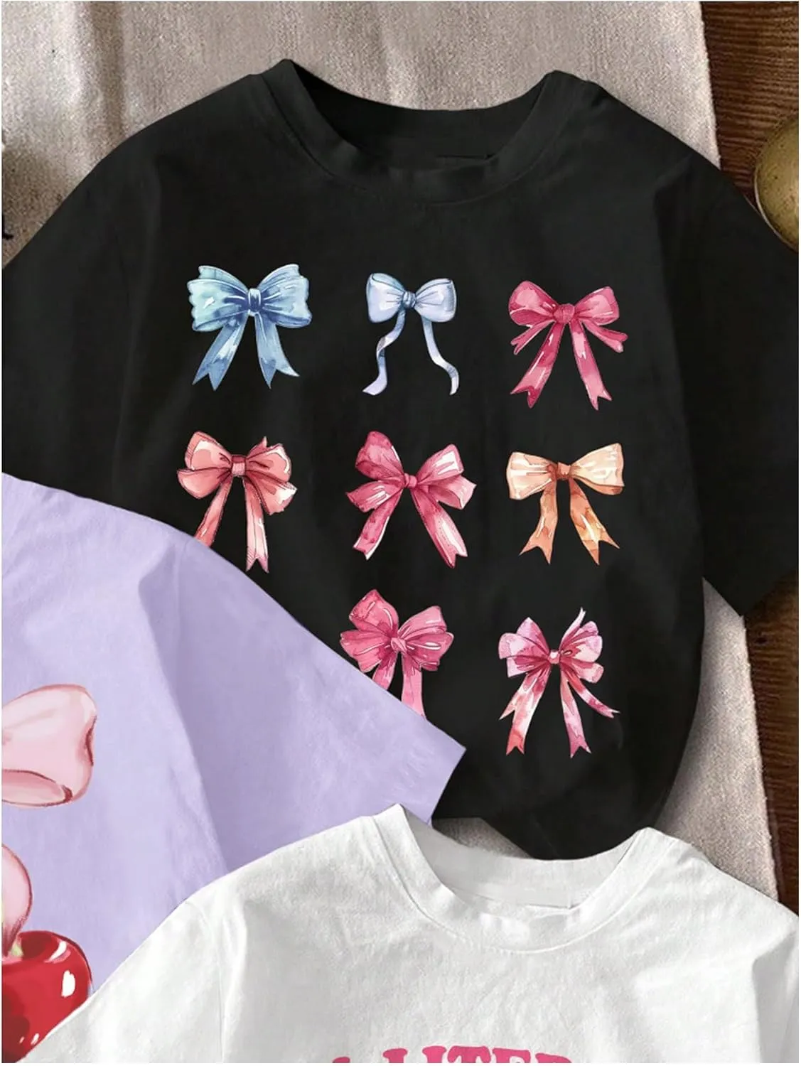 Girl's Bow Cherry Graphic Tees Short Sleeve Crewneck Cute T Shirts Tops for Teens Summer Tops