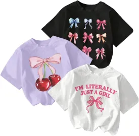 Girl's Bow Cherry Graphic Tees Short Sleeve Crewneck Cute T Shirts Tops for Teens Summer Tops