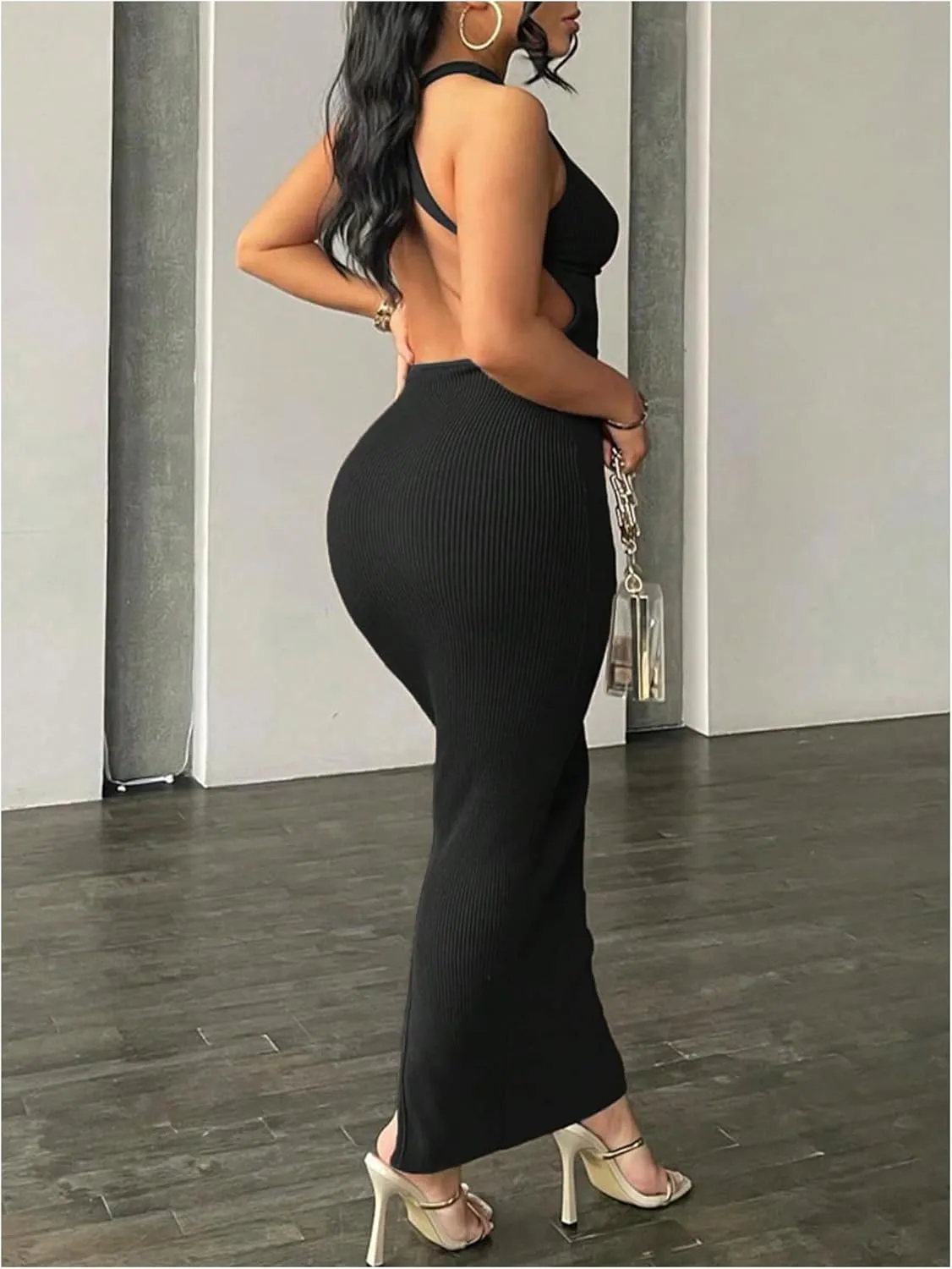 GORGLITTER Women's Open Back Bodycon Graduation Maxi Dress Backless Ribbed Knit Long Dresses Going Out Dresses