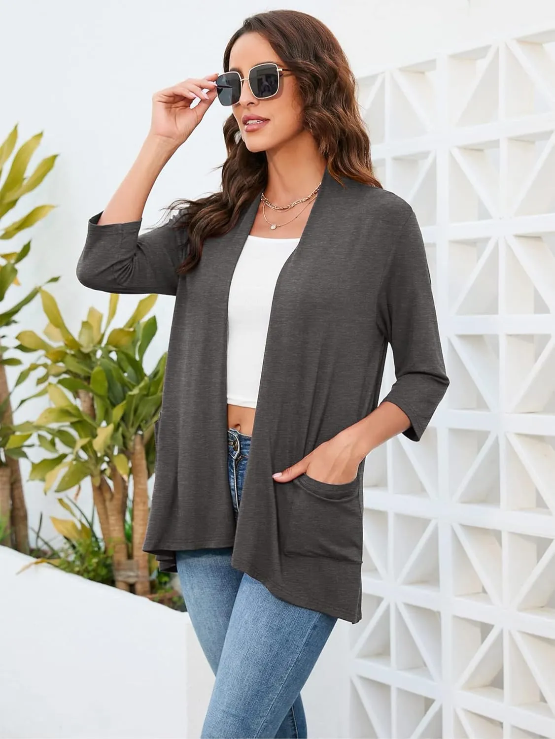 HIYIYEZI Womens Casual Lightweight Cardigans with Pockets 3/4 Sleeve Open Front Dusters