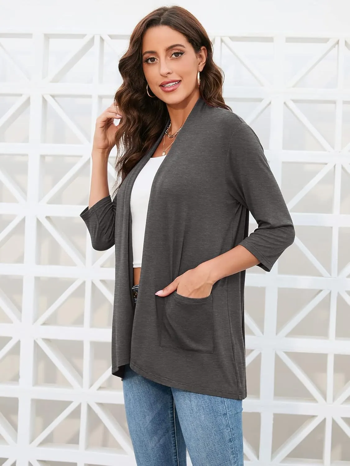 HIYIYEZI Womens Casual Lightweight Cardigans with Pockets 3/4 Sleeve Open Front Dusters