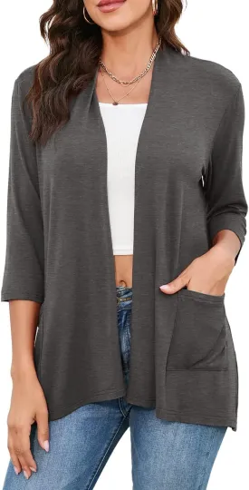HIYIYEZI Womens Casual Lightweight Cardigans with Pockets 3/4 Sleeve Open Front Dusters