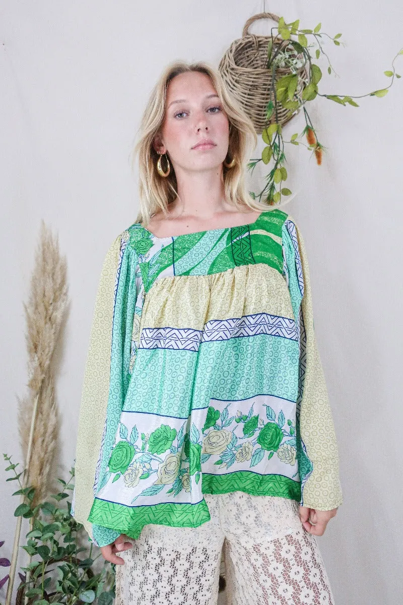 Honey Top - Vintage Indian Sari - Buttermilk & Apple Rose Print - Free Size S/M