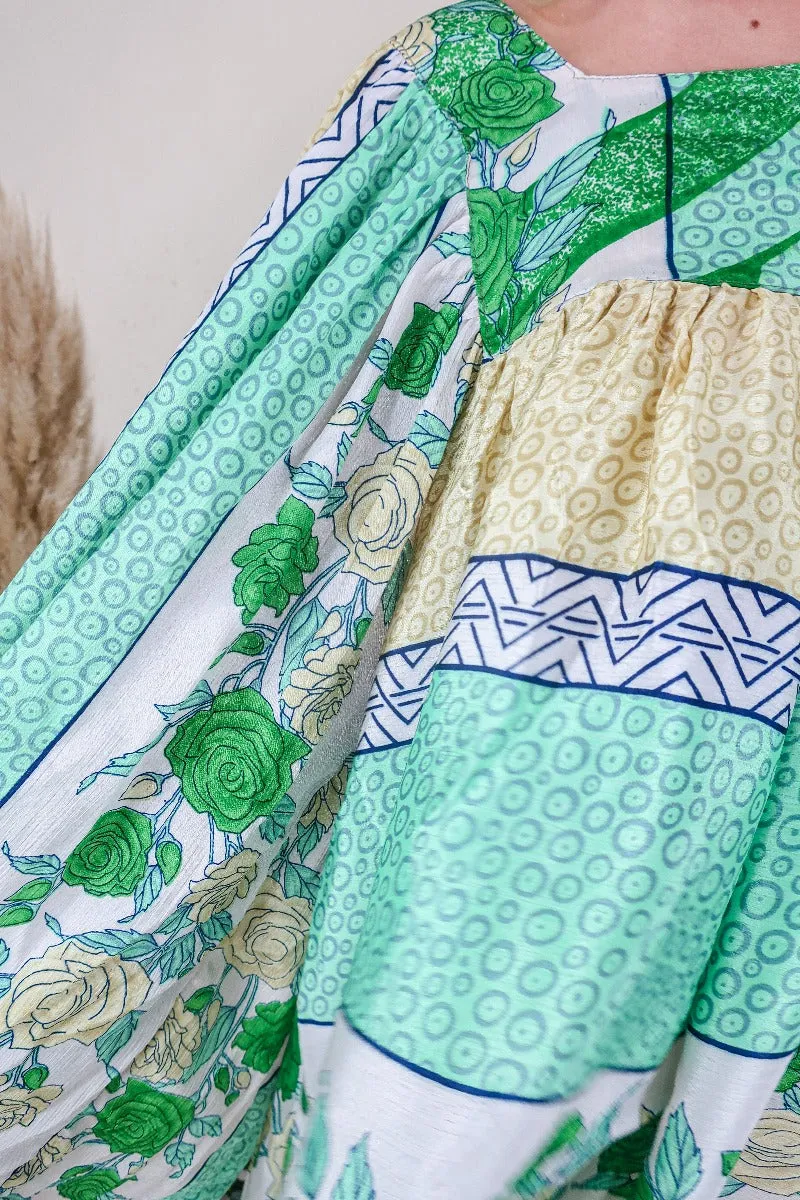 Honey Top - Vintage Indian Sari - Buttermilk & Apple Rose Print - Free Size S/M