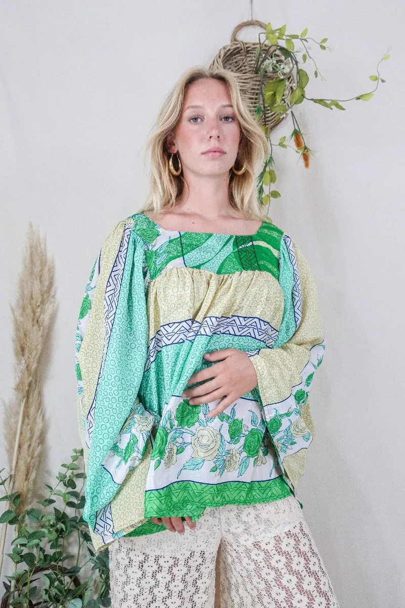 Honey Top - Vintage Indian Sari - Buttermilk & Apple Rose Print - Free Size S/M