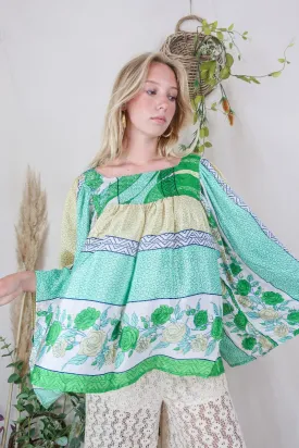 Honey Top - Vintage Indian Sari - Buttermilk & Apple Rose Print - Free Size S/M