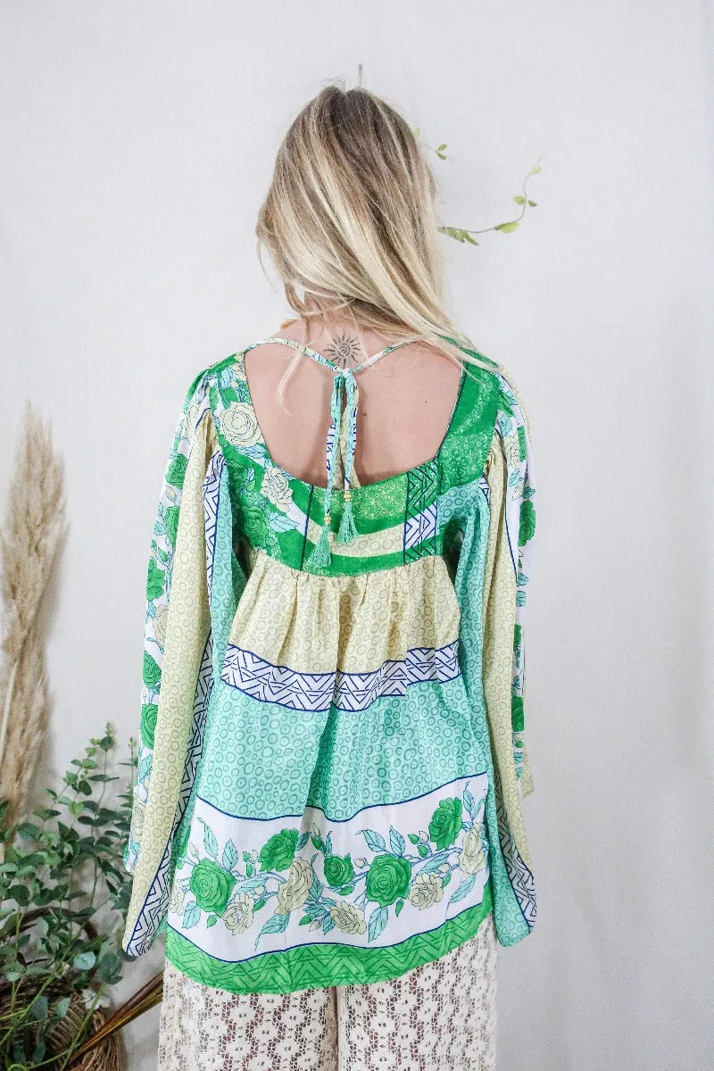 Honey Top - Vintage Indian Sari - Buttermilk & Apple Rose Print - Free Size S/M