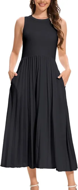 HOULENGS Women's Sleeveless Maxi Dress Patchwork Knit Tank Top Flowy Dress Summer Pleated Long Sundress with Pockets