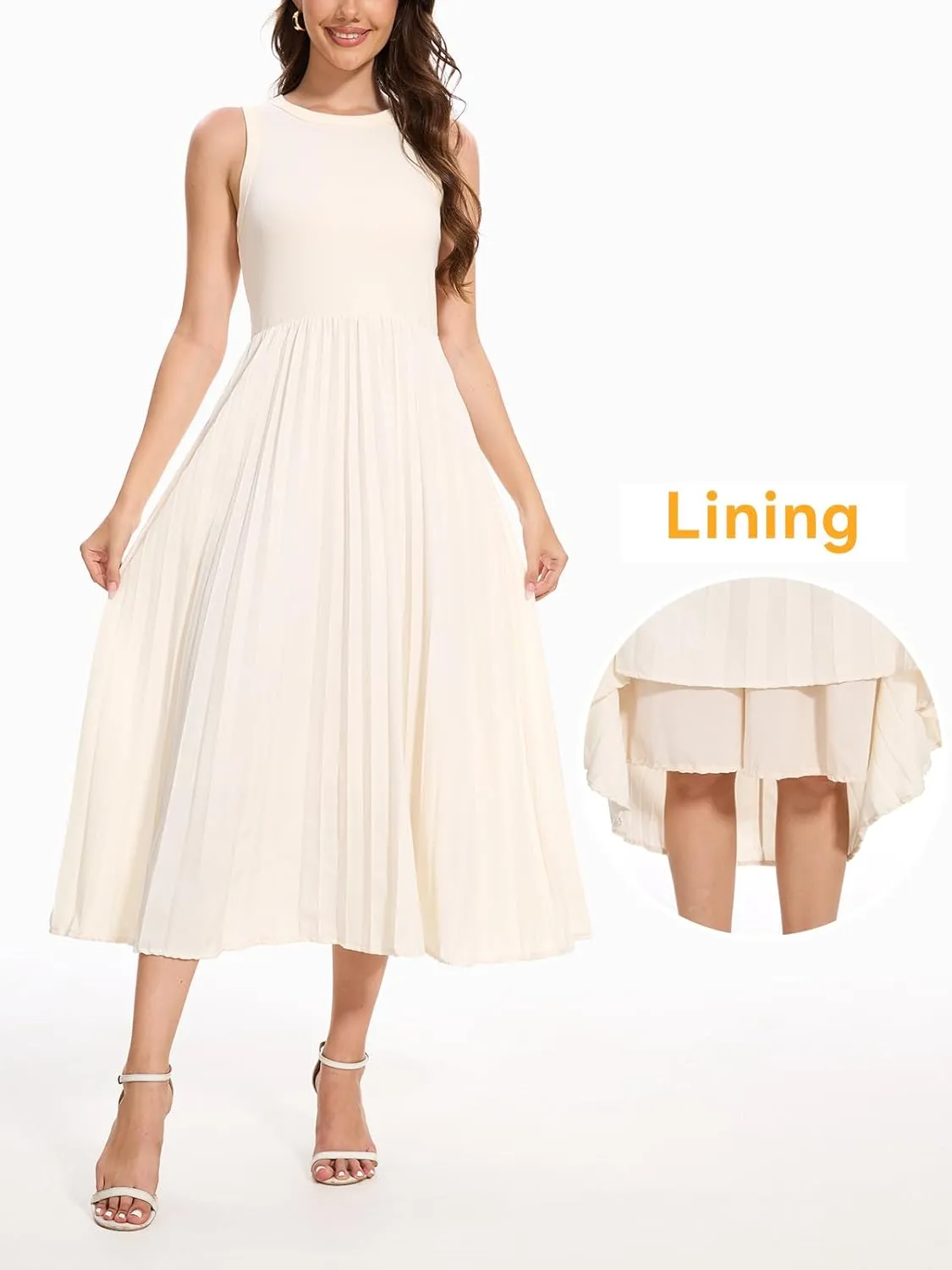 HOULENGS Women's Sleeveless Maxi Dress Patchwork Knit Tank Top Flowy Dress Summer Pleated Long Sundress with Pockets