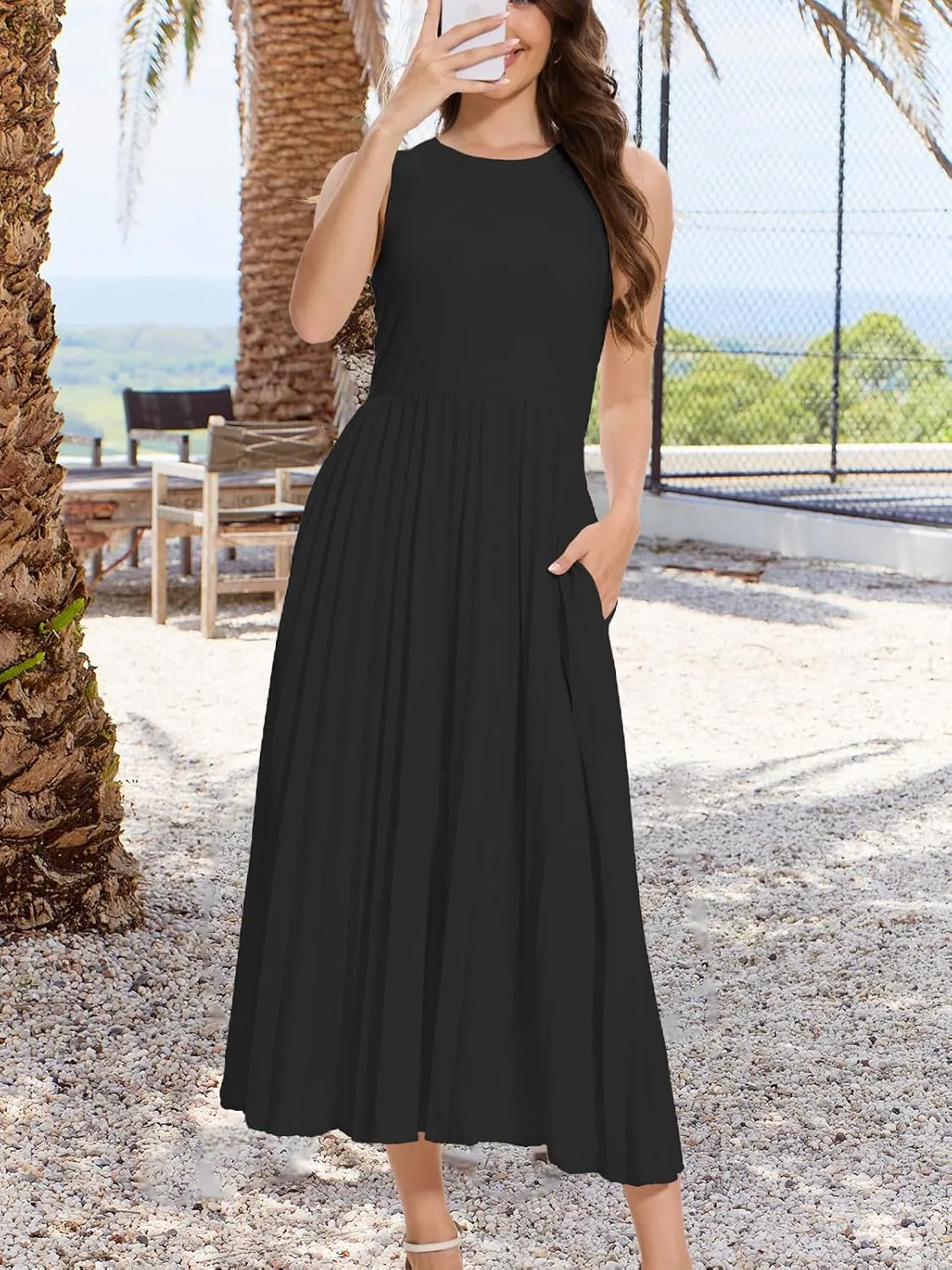 HOULENGS Women's Sleeveless Maxi Dress Patchwork Knit Tank Top Flowy Dress Summer Pleated Long Sundress with Pockets