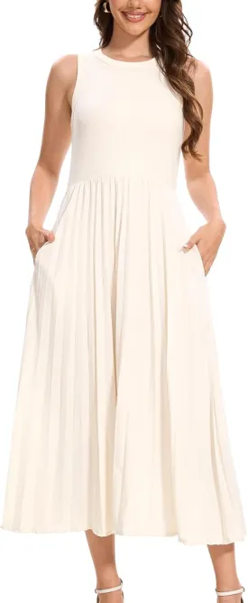 HOULENGS Women's Sleeveless Maxi Dress Patchwork Knit Tank Top Flowy Dress Summer Pleated Long Sundress with Pockets