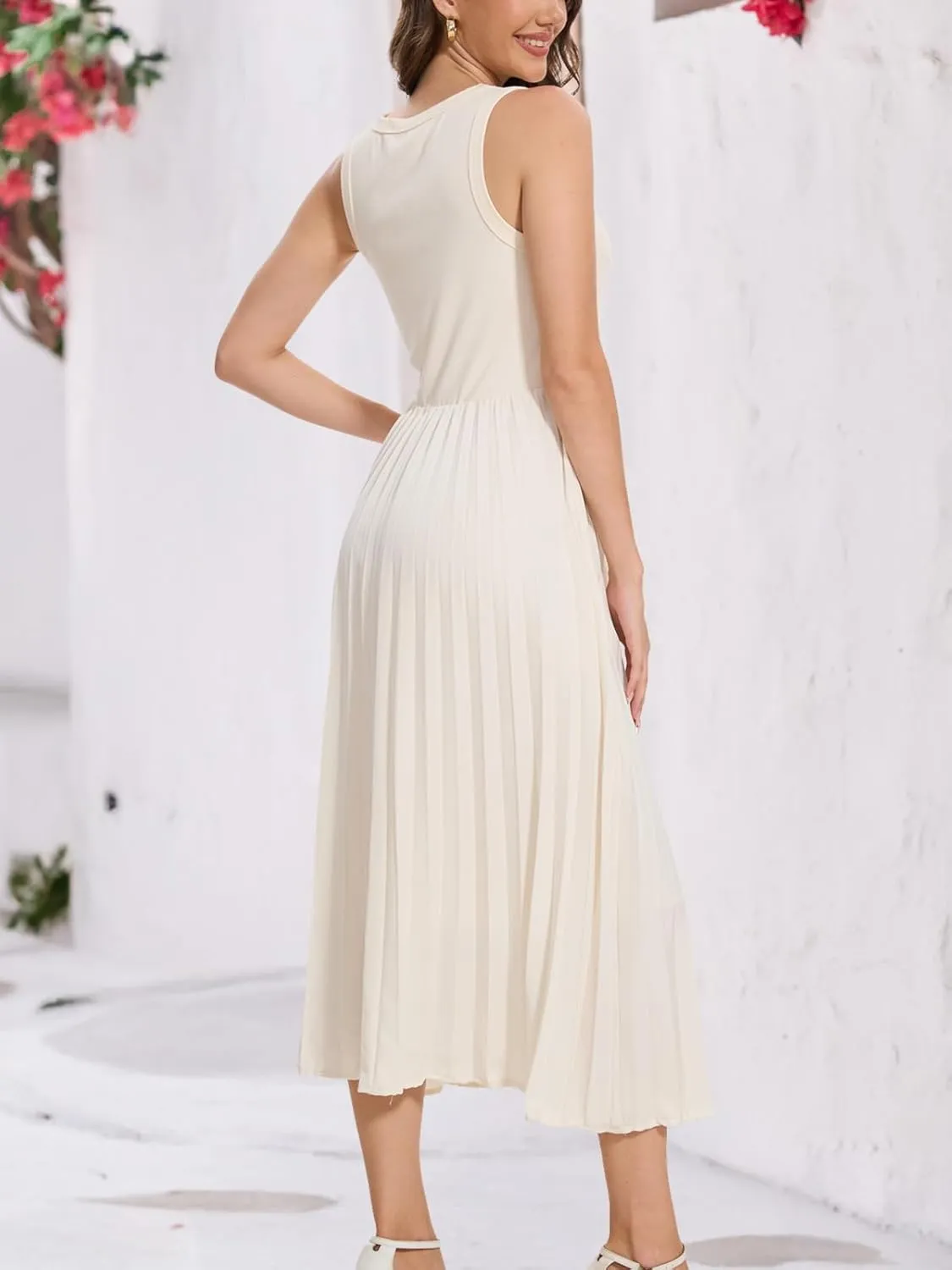 HOULENGS Women's Sleeveless Maxi Dress Patchwork Knit Tank Top Flowy Dress Summer Pleated Long Sundress with Pockets
