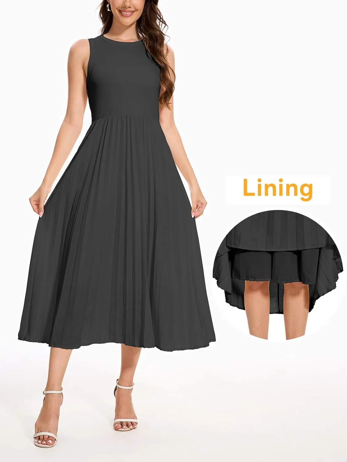 HOULENGS Women's Sleeveless Maxi Dress Patchwork Knit Tank Top Flowy Dress Summer Pleated Long Sundress with Pockets