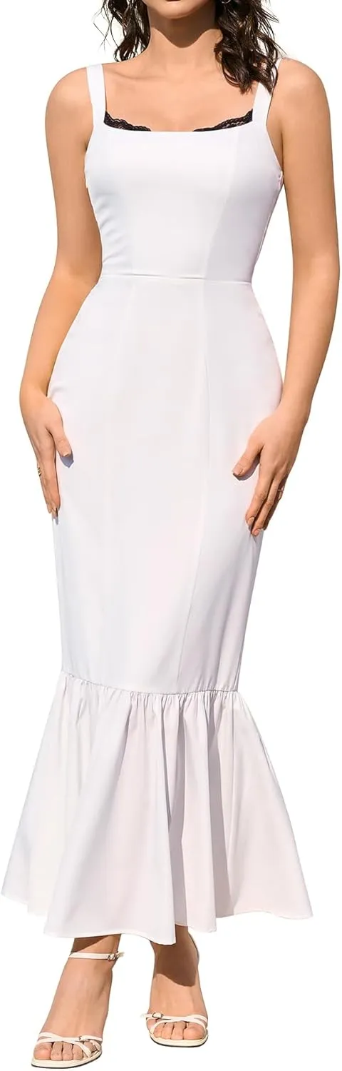 HTZMO Women Casual Summer Floral Maxi Dress Square Neck Boho Wedding Guest Elegant Long Sundress