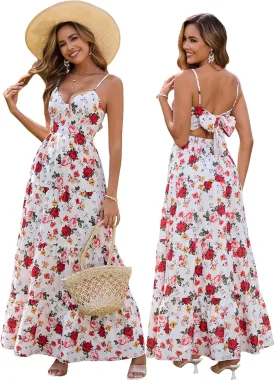 HTZMO Women Casual Summer Floral Maxi Sundress V Neck Spaghetti Strap Bow Tie Backless Flowy Boho Beach Long Dress 2025 HTZMO Women Casual Summer Floral Maxi Sundress V Neck Spaghetti Strap Bow Tie Backless Flowy Boho Beach Long Dress 2025