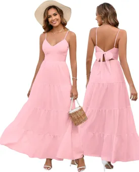 HTZMO Women Casual Summer Floral Maxi Sundress V Neck Spaghetti Strap Bow Tie Backless Flowy Boho Beach Long Dress 2025