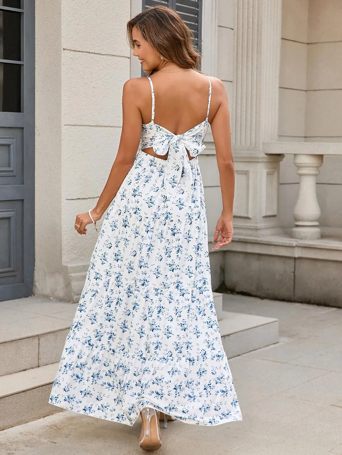 HTZMO Women Casual Summer Floral Maxi Sundress V Neck Spaghetti Strap Bow Tie Backless Flowy Boho Beach Long Dress 2025