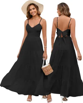 HTZMO Women Casual Summer Floral Maxi Sundress V Neck Spaghetti Strap Bow Tie Backless Flowy Boho Beach Long Dress 2025