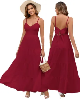 HTZMO Women Casual Summer Floral Maxi Sundress V Neck Spaghetti Strap Bow Tie Backless Flowy Boho Beach Long Dress 2025