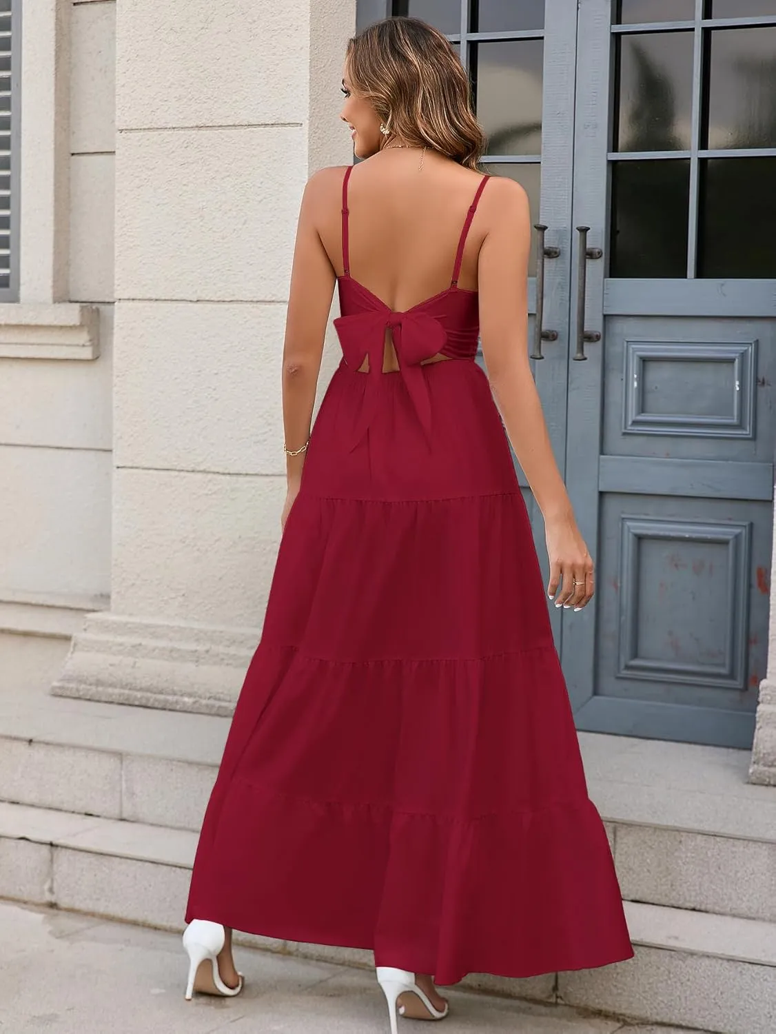 HTZMO Women Casual Summer Floral Maxi Sundress V Neck Spaghetti Strap Bow Tie Backless Flowy Boho Beach Long Dress 2025