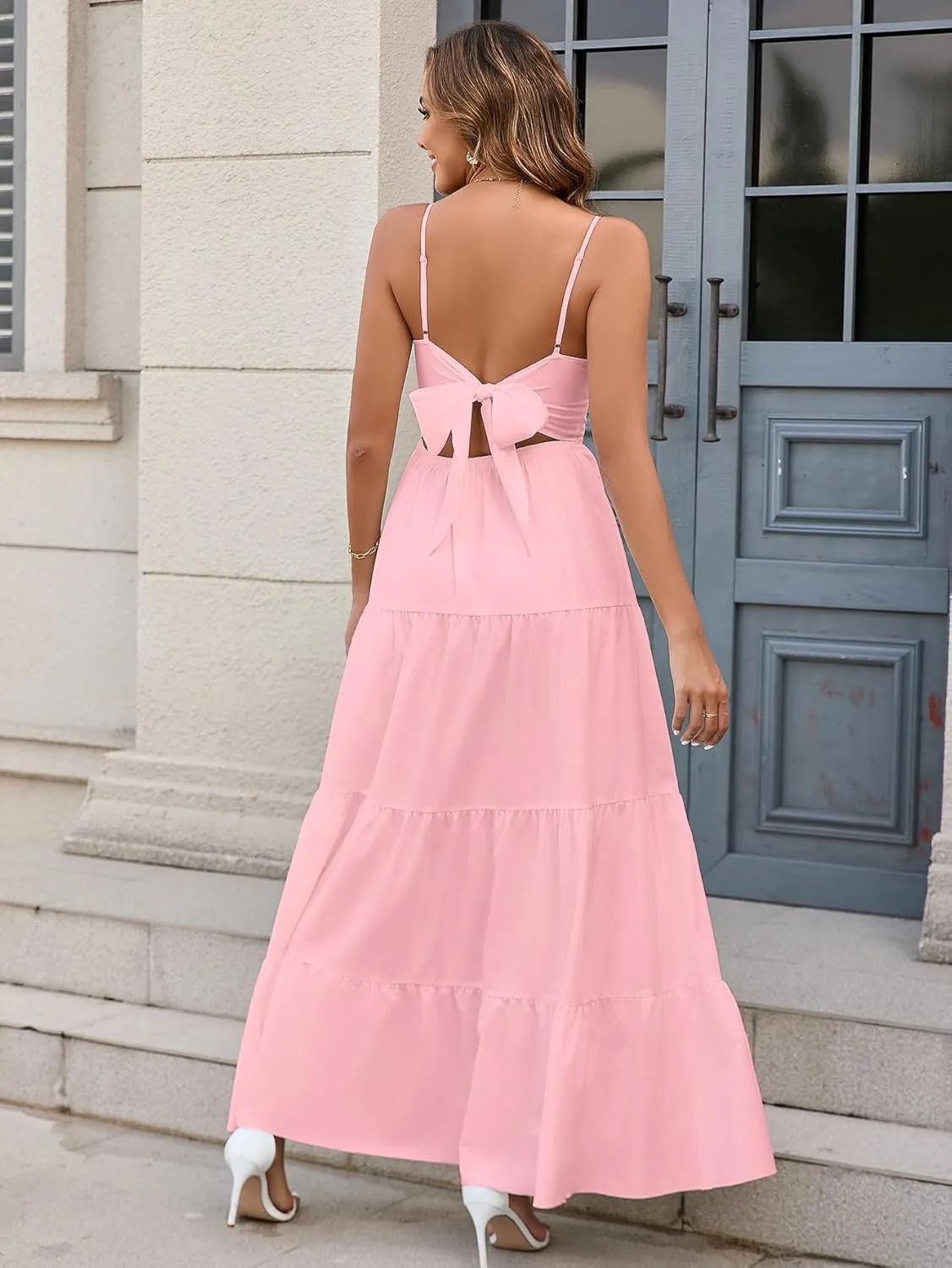 HTZMO Women Casual Summer Floral Maxi Sundress V Neck Spaghetti Strap Bow Tie Backless Flowy Boho Beach Long Dress 2025