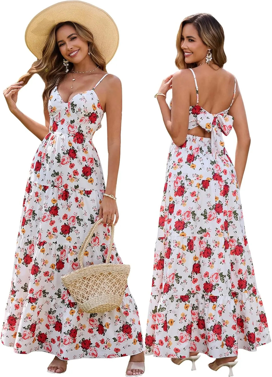 HTZMO Women Casual Summer Floral Maxi Sundress V Neck Spaghetti Strap Bow Tie Backless Flowy Boho Beach Long Dress 2025
