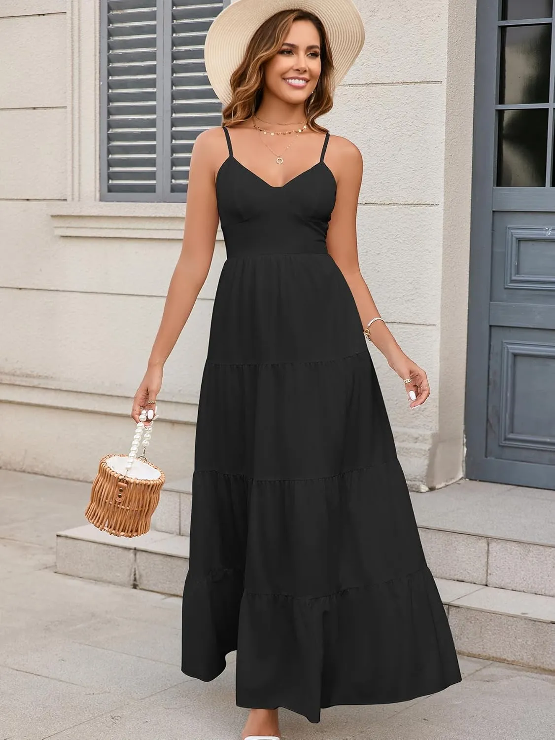 HTZMO Women Casual Summer Floral Maxi Sundress V Neck Spaghetti Strap Bow Tie Backless Flowy Boho Beach Long Dress 2025