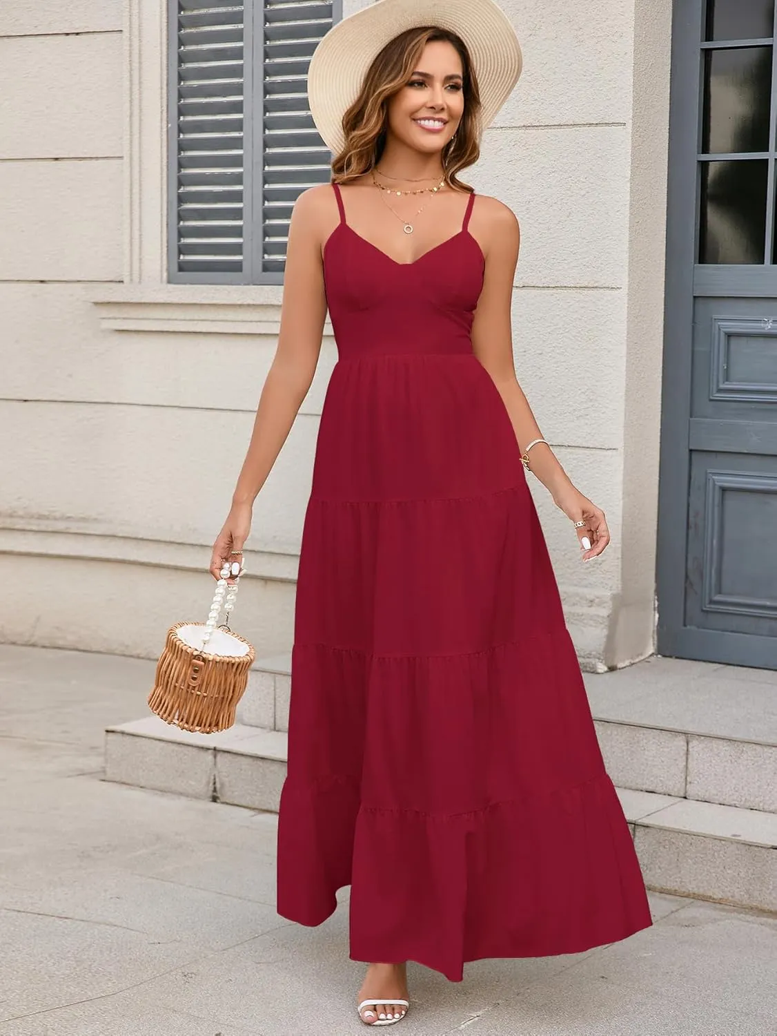 HTZMO Women Casual Summer Floral Maxi Sundress V Neck Spaghetti Strap Bow Tie Backless Flowy Boho Beach Long Dress 2025