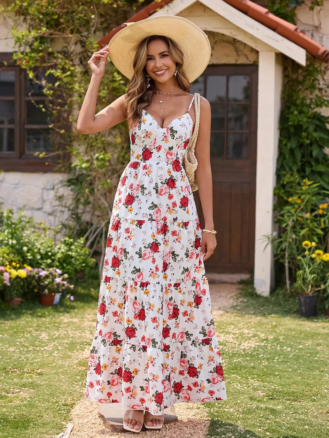 HTZMO Women Casual Summer Floral Maxi Sundress V Neck Spaghetti Strap Bow Tie Backless Flowy Boho Beach Long Dress 2025