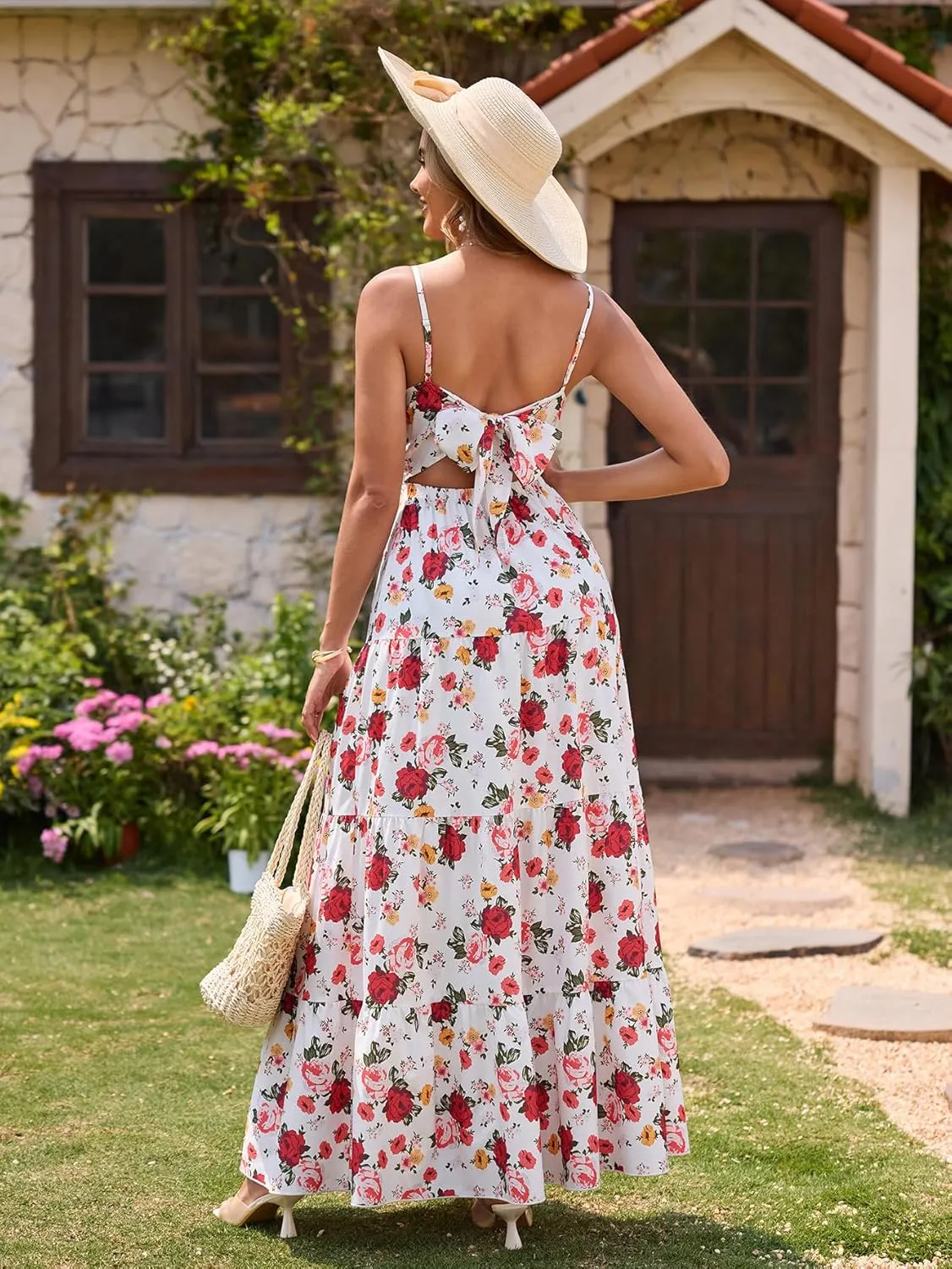 HTZMO Women Casual Summer Floral Maxi Sundress V Neck Spaghetti Strap Bow Tie Backless Flowy Boho Beach Long Dress 2025