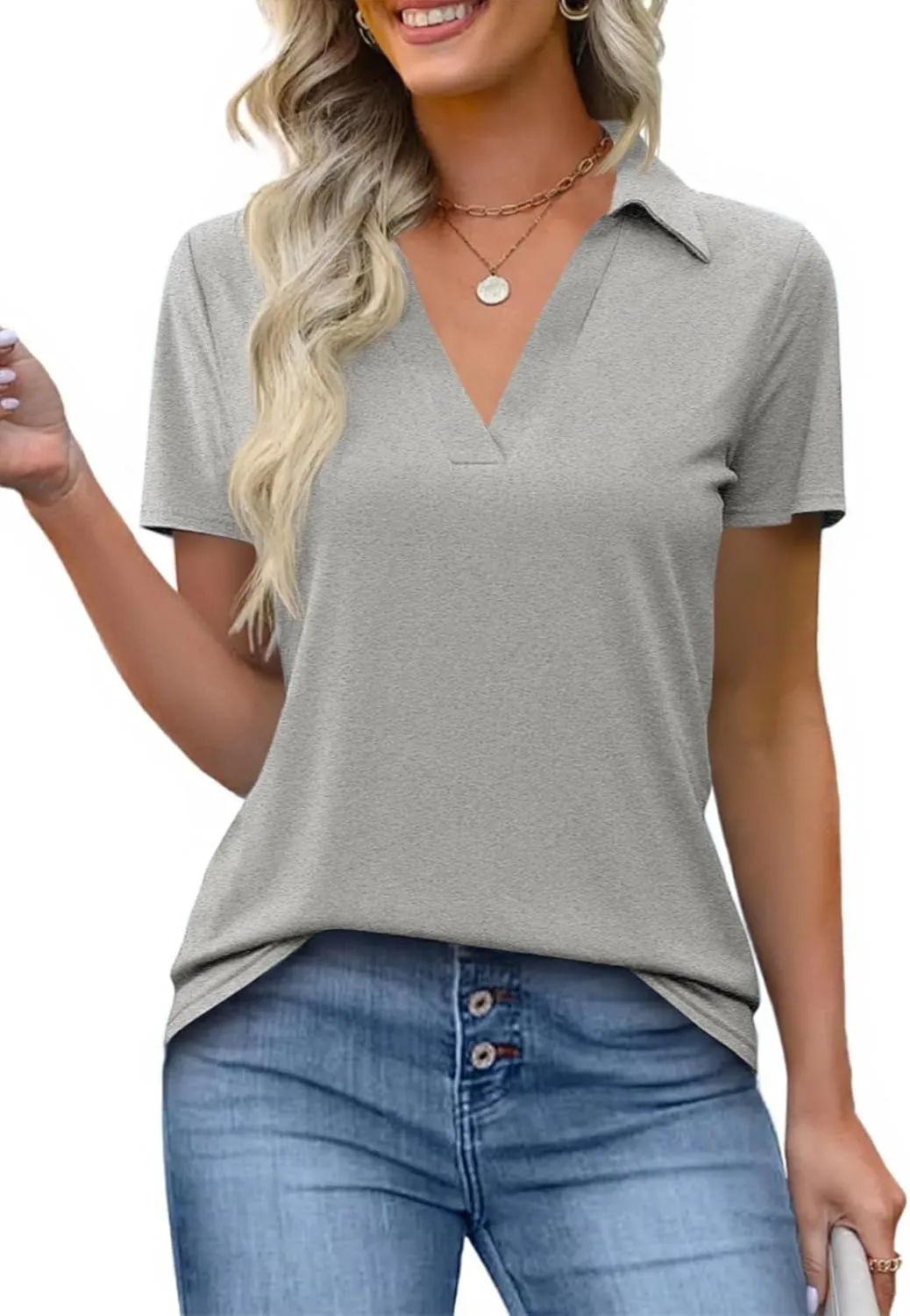 Imily Bela Womens Short Sleeve Polo Shirts V Neck Business Dressy Casual Tops Summer Collared Trendy Tees