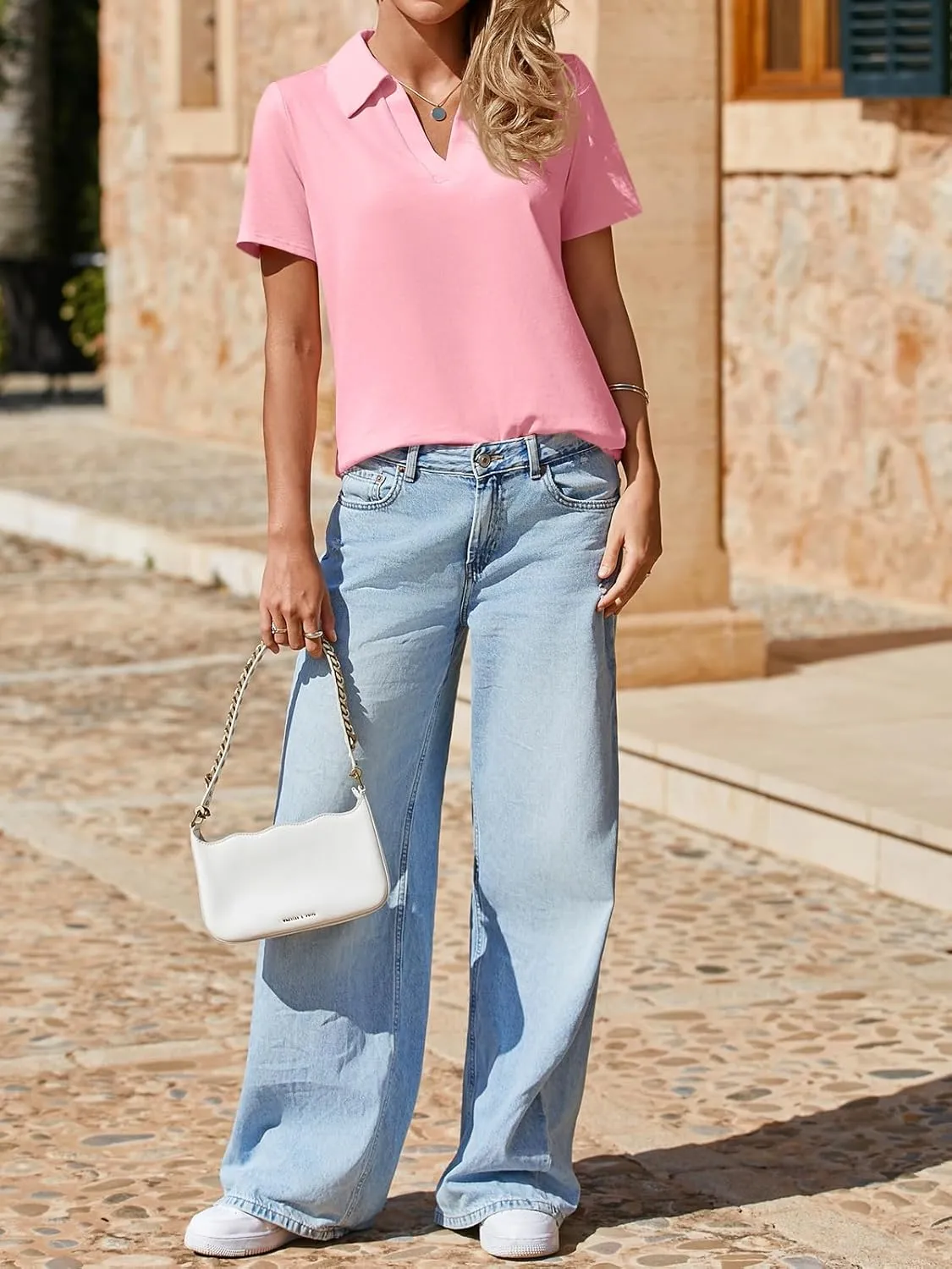 Imily Bela Womens Short Sleeve Polo Shirts V Neck Business Dressy Casual Tops Summer Collared Trendy Tees