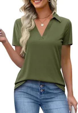 Imily Bela Womens Short Sleeve Polo Shirts V Neck Business Dressy Casual Tops Summer Collared Trendy Tees