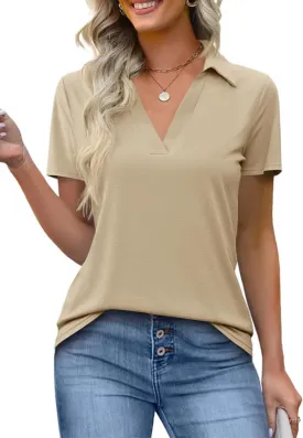 Imily Bela Womens Short Sleeve Polo Shirts V Neck Business Dressy Casual Tops Summer Collared Trendy Tees