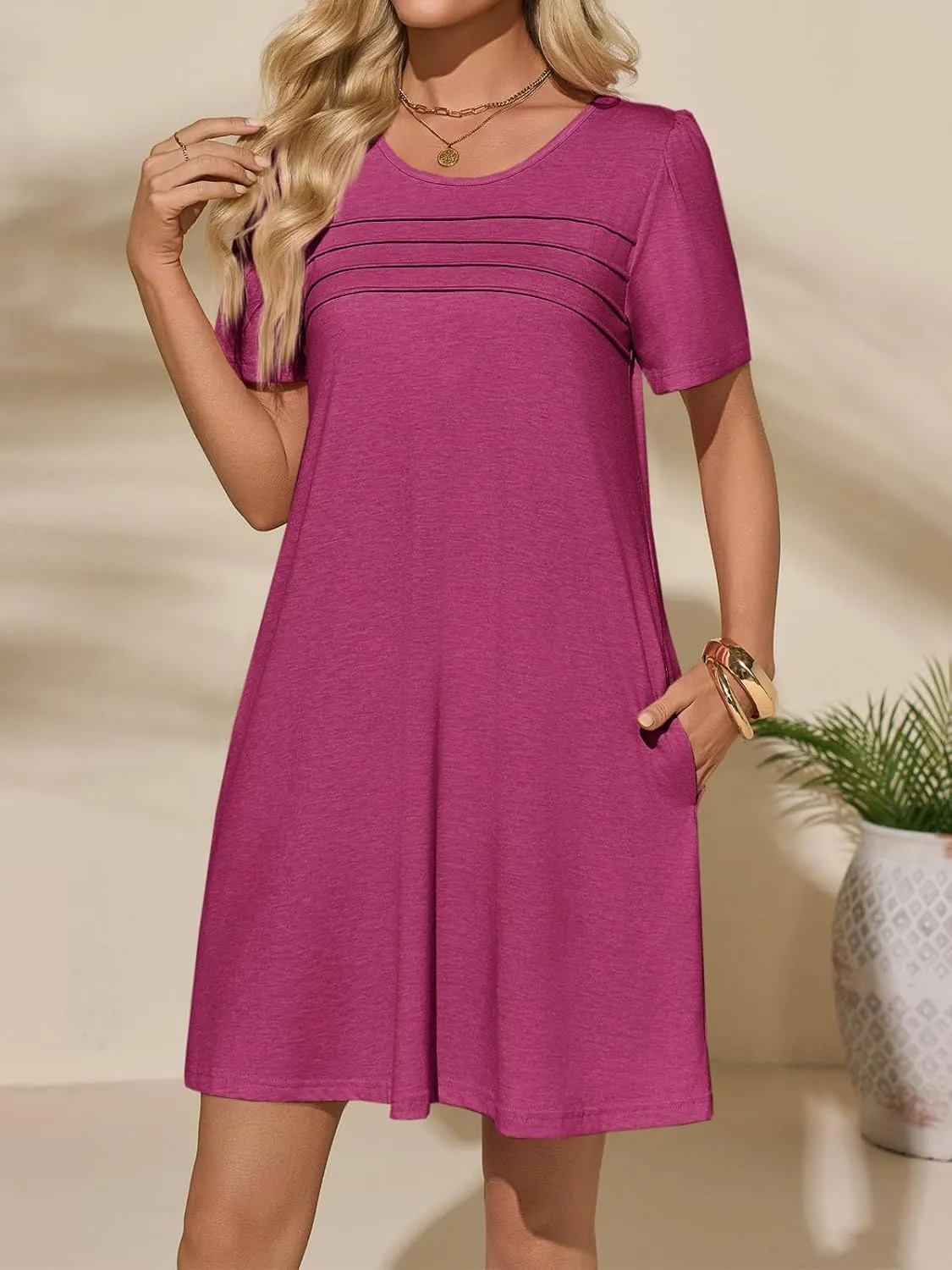 Imily Bela Womens Summer Casual T Shirt Dress Short Sleeve Crewneck Pleated Front Loose Beach Flowy Mini Dresses
