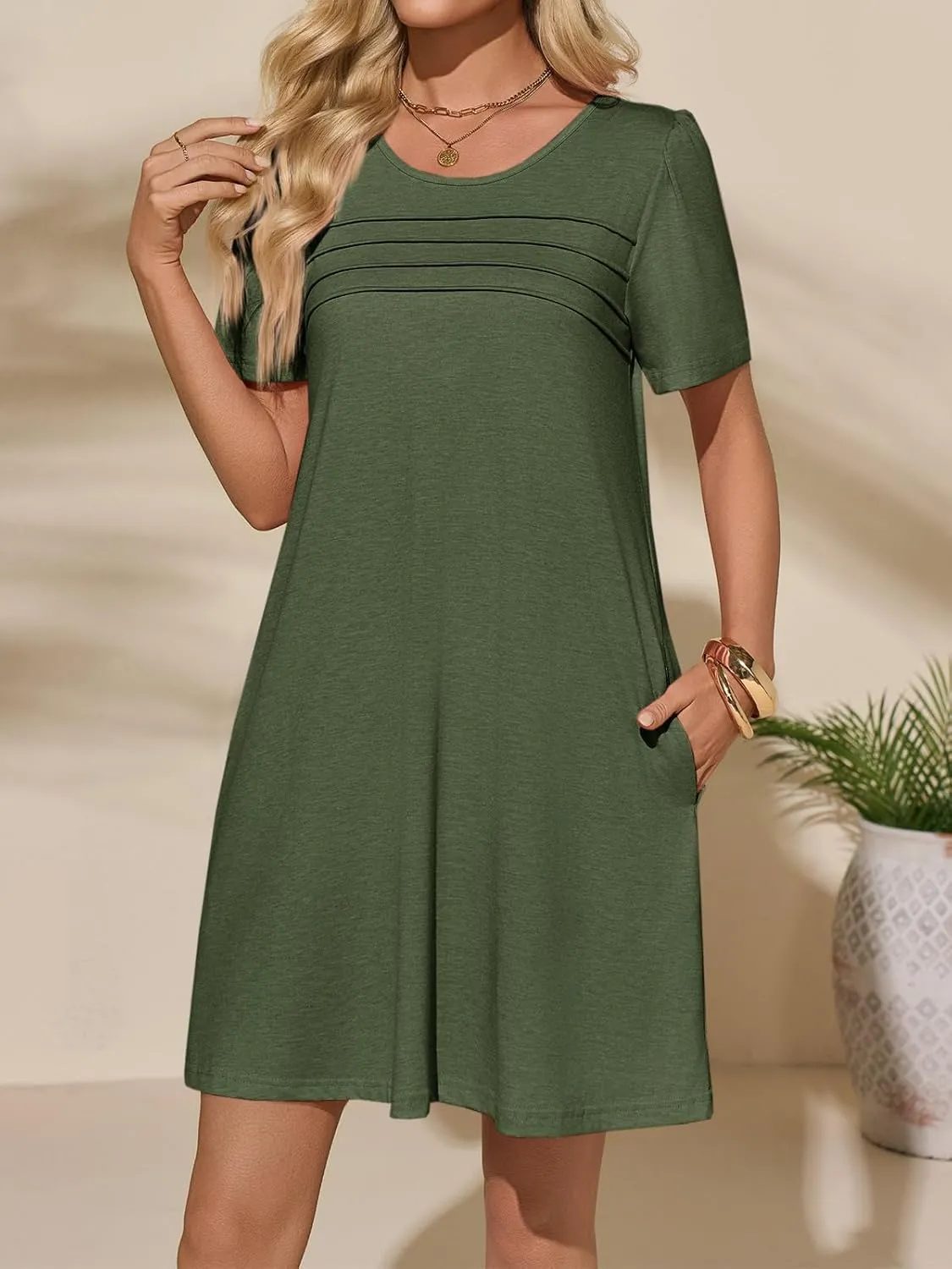 Imily Bela Womens Summer Casual T Shirt Dress Short Sleeve Crewneck Pleated Front Loose Beach Flowy Mini Dresses