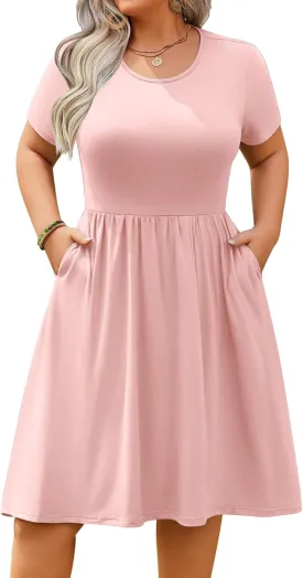 IN'VOLAND Womens Plus Size Summer Dress Short Sleeve Casual Mini Dresses Empire Waist T-Shirt Dress with Pockets
