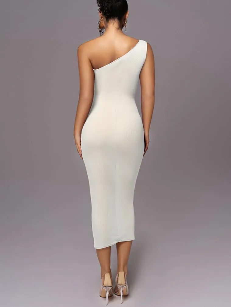 LAGSHIAN Women's Sexy Bodycon Cocktail One Shoulder Sleeveless Mesh Ruched Midi Party Dress