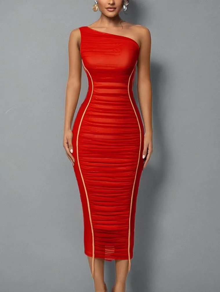 LAGSHIAN Women's Sexy Bodycon Cocktail One Shoulder Sleeveless Mesh Ruched Midi Party Dress