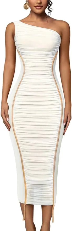 LAGSHIAN Women's Sexy Bodycon Cocktail One Shoulder Sleeveless Mesh Ruched Midi Party Dress