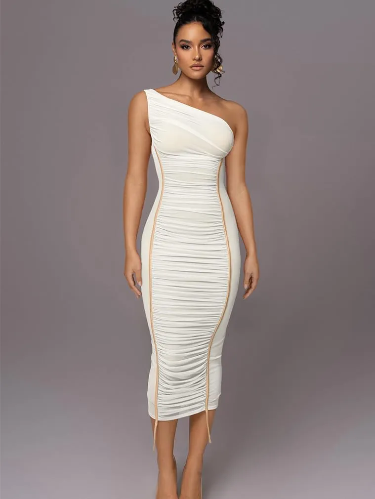 LAGSHIAN Women's Sexy Bodycon Cocktail One Shoulder Sleeveless Mesh Ruched Midi Party Dress