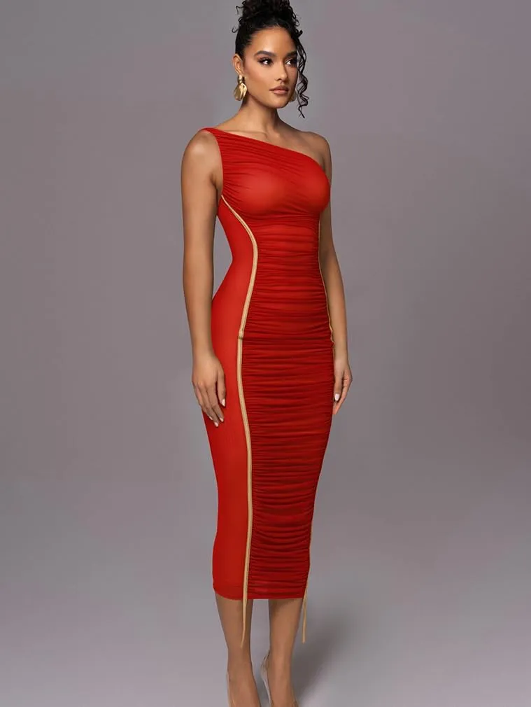 LAGSHIAN Women's Sexy Bodycon Cocktail One Shoulder Sleeveless Mesh Ruched Midi Party Dress