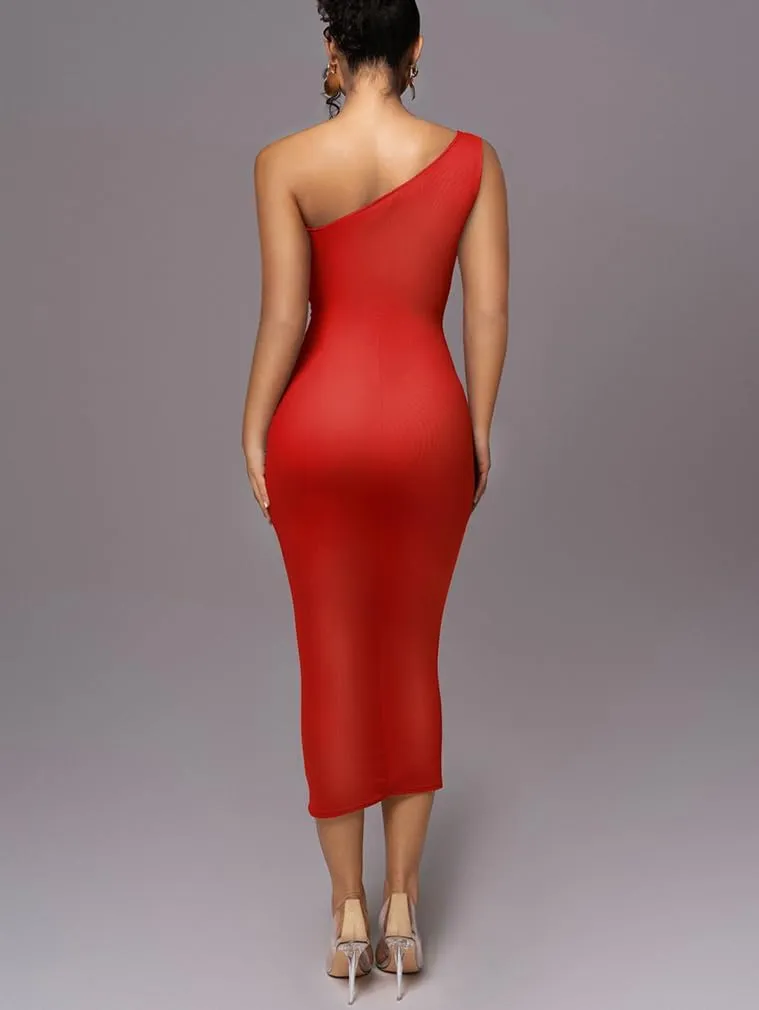 LAGSHIAN Women's Sexy Bodycon Cocktail One Shoulder Sleeveless Mesh Ruched Midi Party Dress