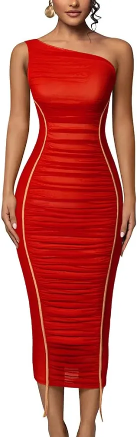 LAGSHIAN Women's Sexy Bodycon Cocktail One Shoulder Sleeveless Mesh Ruched Midi Party Dress