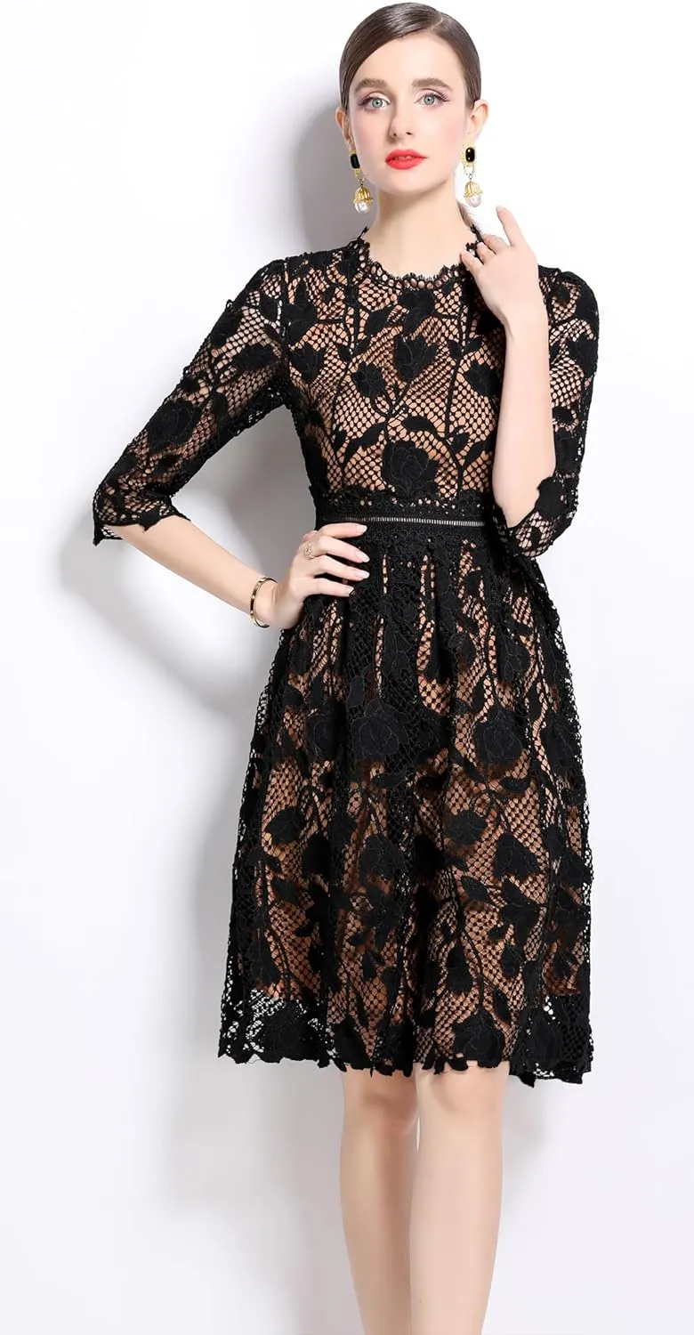 LAI MENG FIVE CATS Womens 3/4 Sleeve Flowy Lace Floral Elegant Crew Neck Crochet Waist Party Dress
